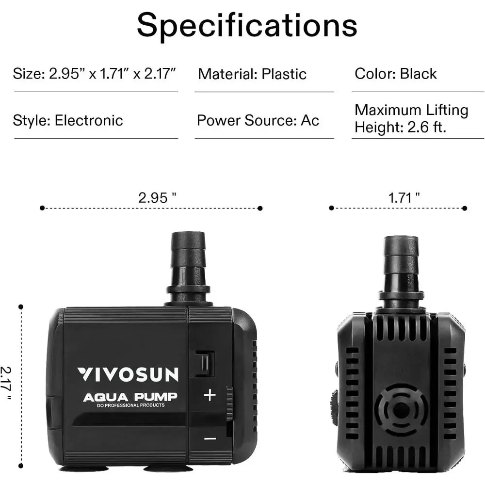 Vivosun 130GPH Submersible Pump 500L/H 6W Water Pump Fish Tanks Fountains Ponds